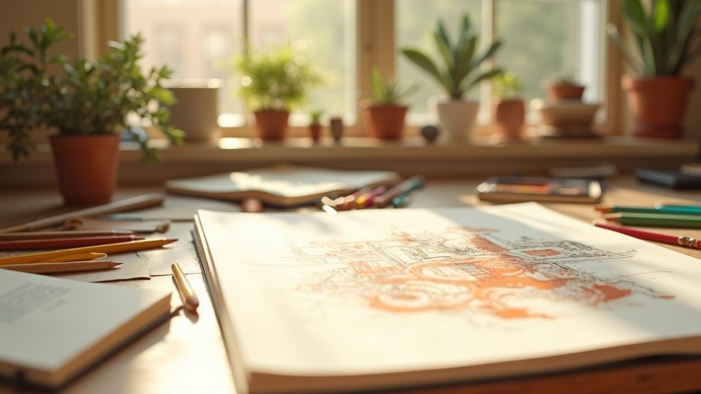 Fernpoints illustrator desk with hand drawn sketches